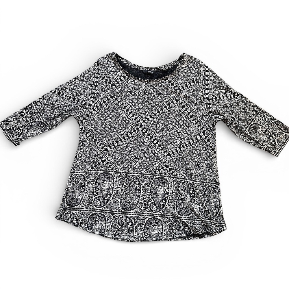 Lucky Brand Paisley Geometric Knit Top Women Large Black White Excellent 3/4 Slv